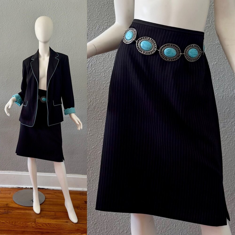 Vintage 90s Black Pinstriped 2 Pc Suit Blazer Jacket Skirt Set 14 L/XL